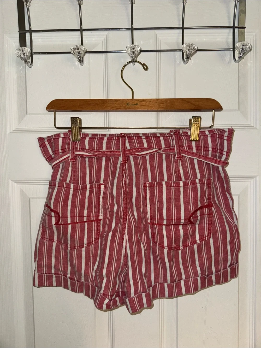 American Eagle Outfitters Red and White Striped Paperbag Waist Shorts